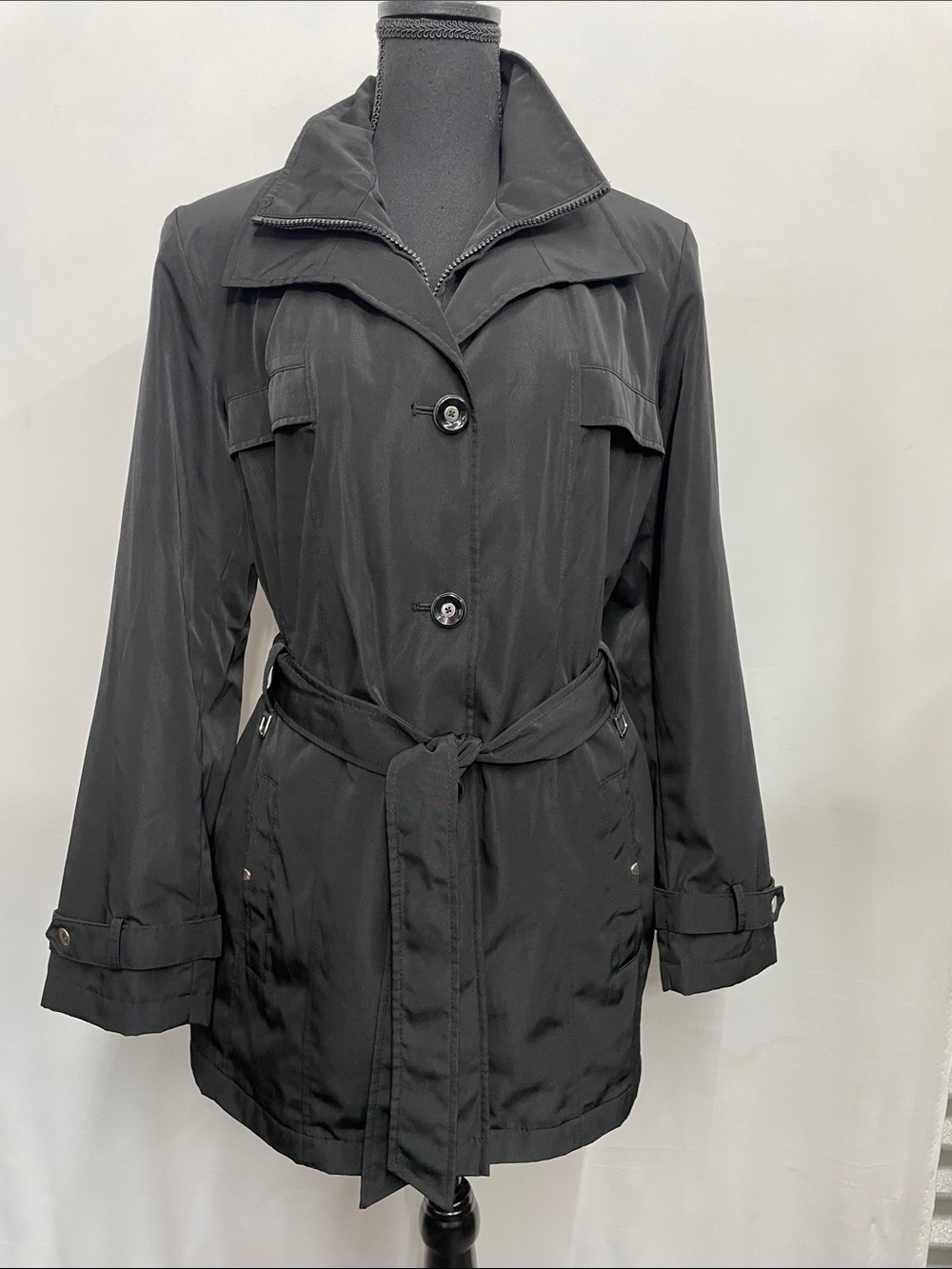 Dana Buchman Short Trenchcoat, Black, Size Large